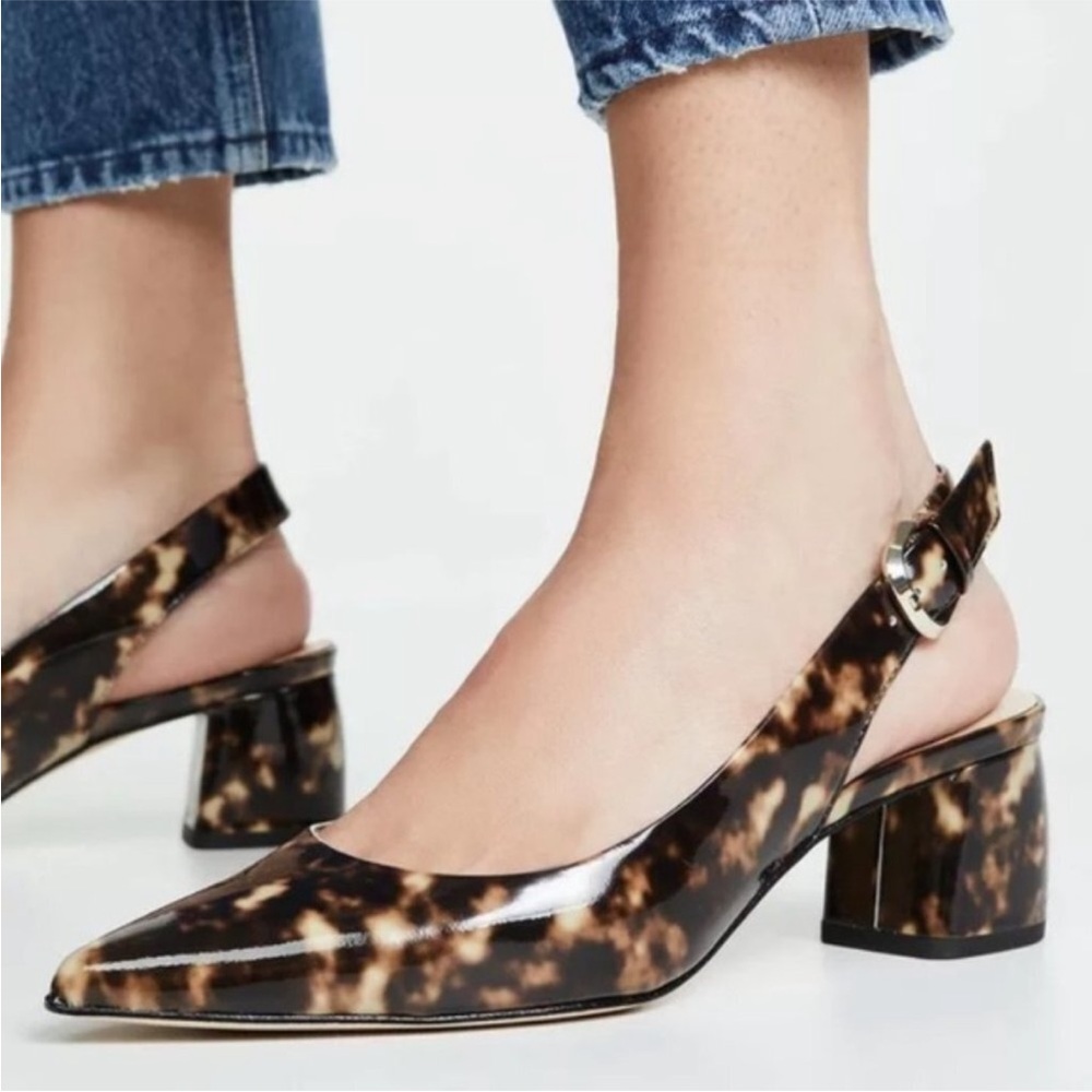 Kate Spade New York 6.5 Mika Tortoise Patent Leather Slingback Pumps EUC pointed